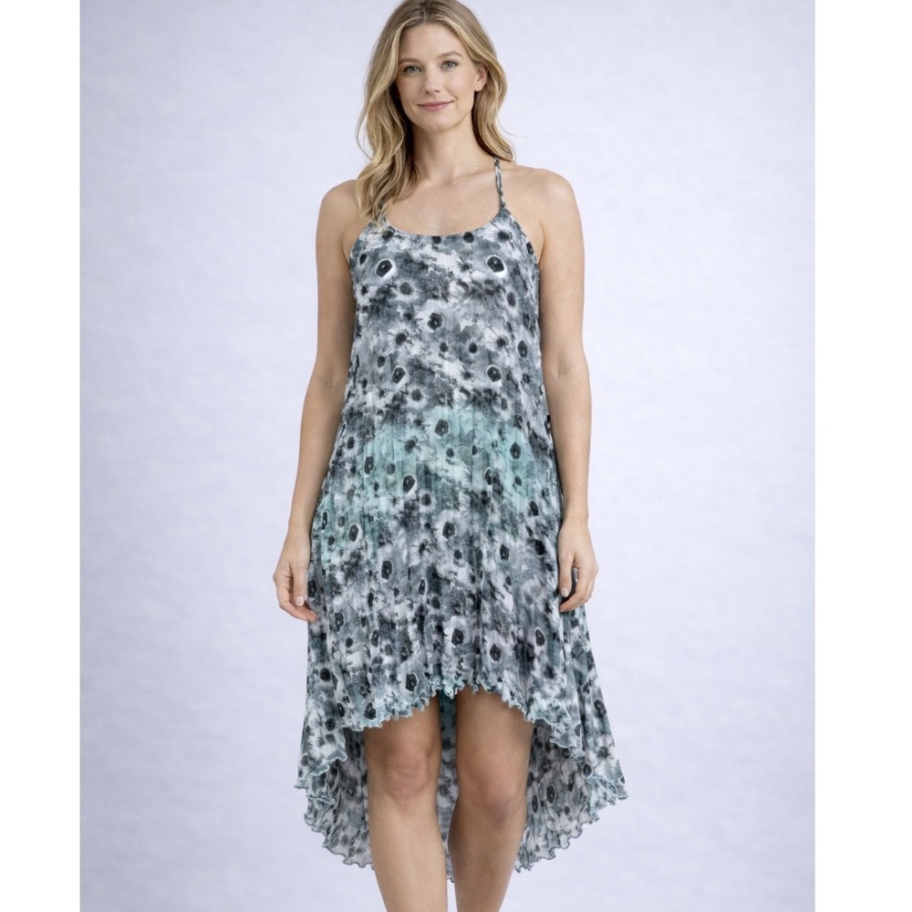 Floral High-Low Pleated Dress Mint Green Black White Sleeveless Racerback
